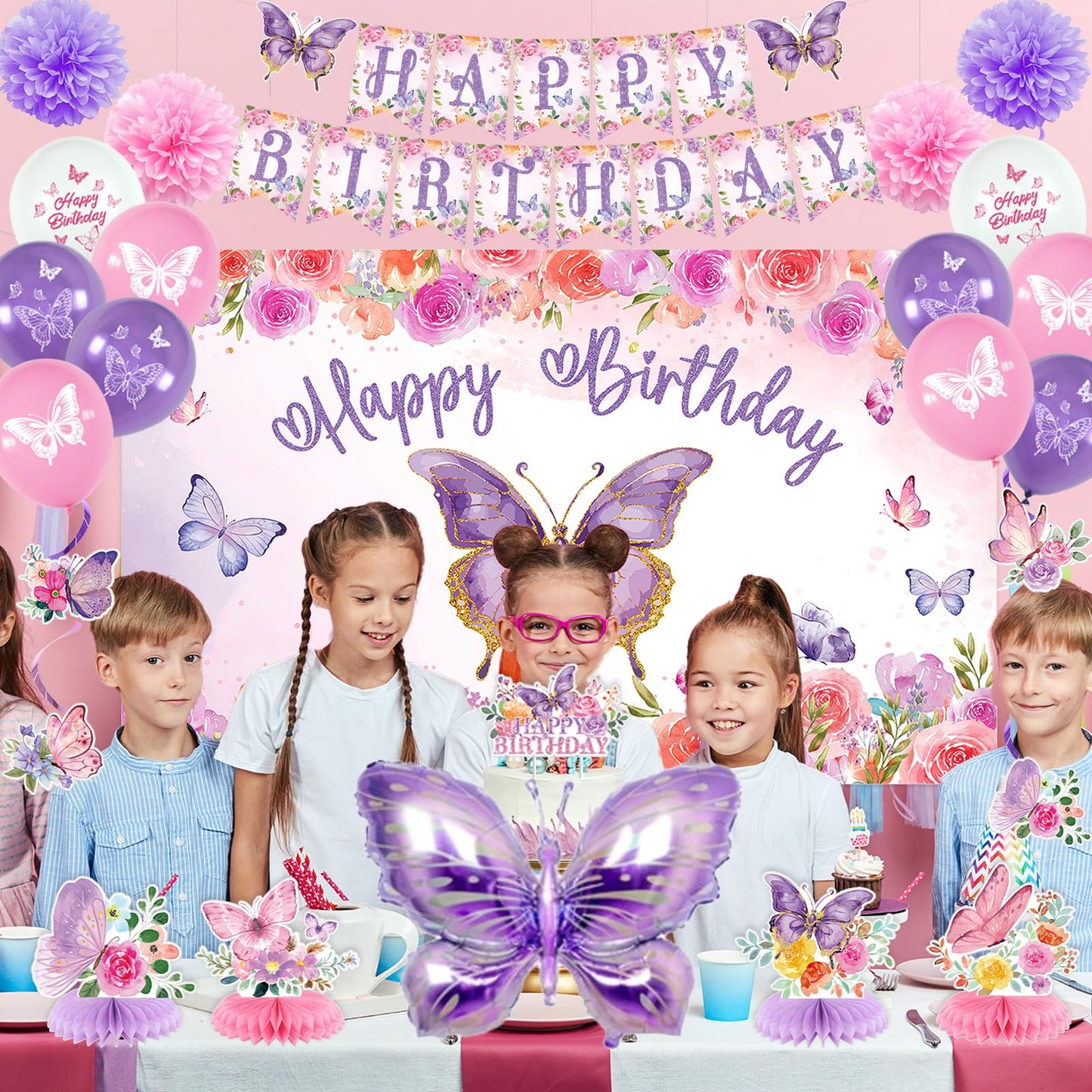 Roetyce Butterfly Decorations, 37PCS Happy Birthday Banner Balloons Honeycomb Centerpieces Cake Topper Kit, Purple and Pink Party Decorations