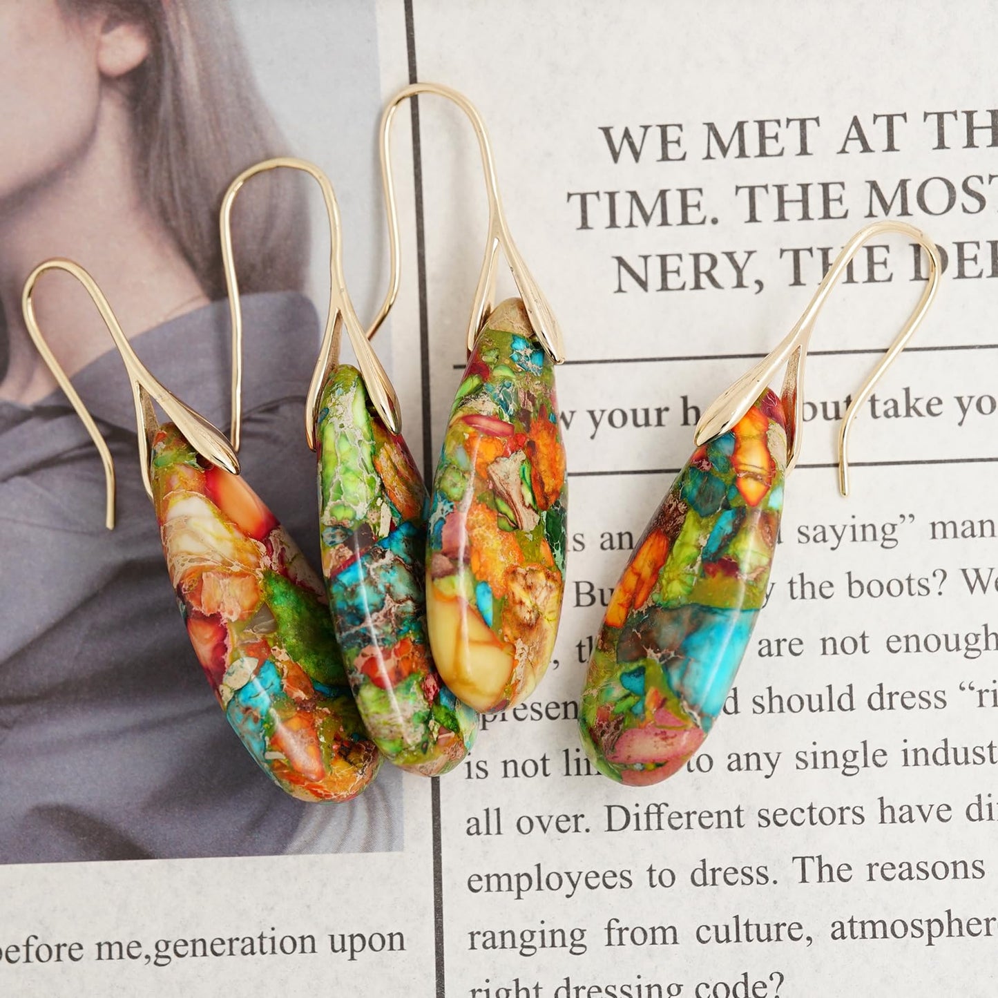Sriomu Natural Healing Stone Fishhoop Dangle Drop Earrings Statement Gold silver earrings