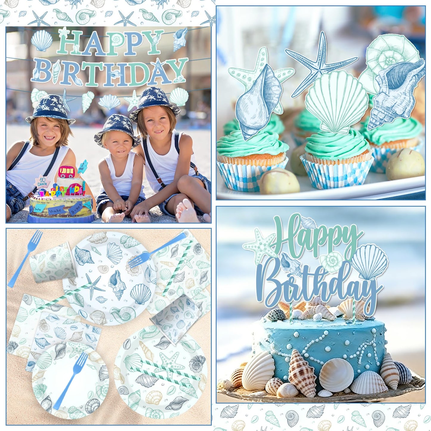 Seashell Birthday Decorations,190pcs Beach Party Supplies Coastal Party Decorations Plates and Napkins Cups Tablecloths,Cake Topper,Balloon for Ocean Theme Birthday Decorations,Serves 24