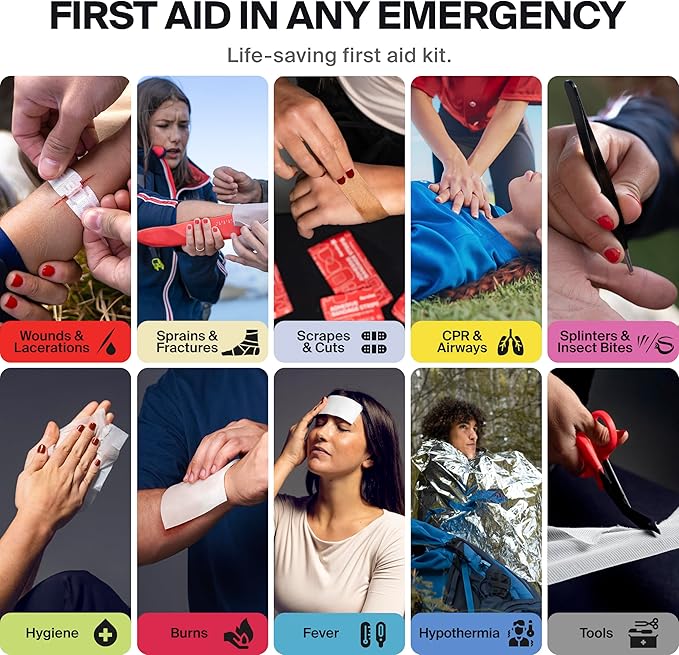 Large Pro First Aid Kit for Car, Travel & Home - Emergency Kit for Hiking, Camping, Backpacking and Outdoors - Includes Zip Stitch Wound Closure Strips