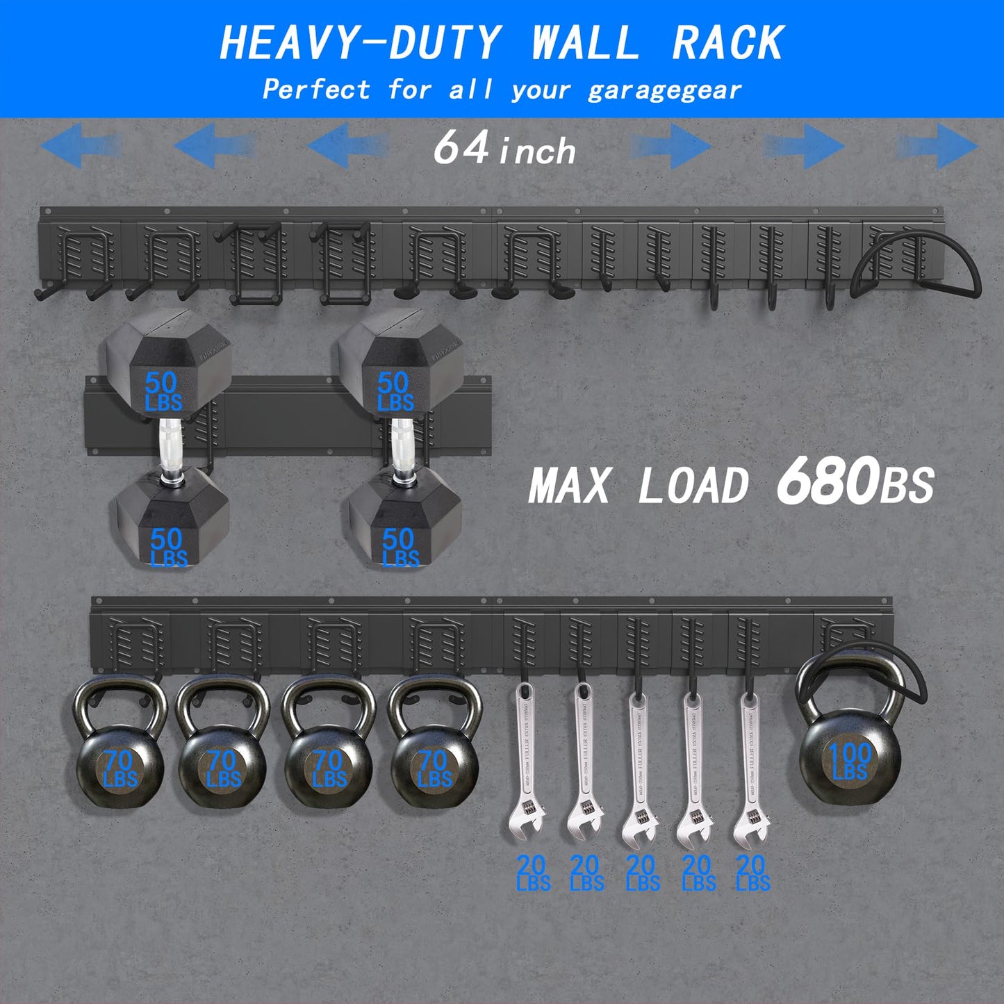 CBWLWJ Garage Tool Organizer Wall Mount, 64 inch Garage Wall Organizer, 680lbs Sturdy Garden Tool Organizer with 12 Adjustable Hooks, for Yard, Shed, Basement, Workshop(Black)