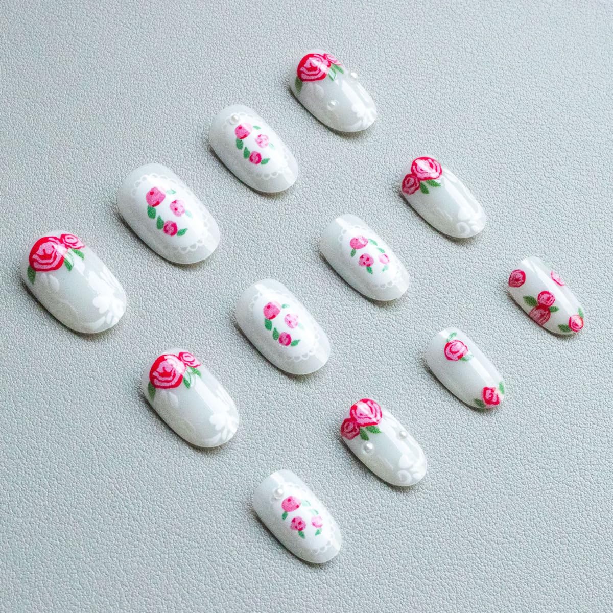 Spring Press on Nails Medium Oval Fake Nails Flower Nails Press ons with Pink Rose Design,Cute Reusable Artificial Nail Full Cover Stick on Nails for Women Manicure 24Pcs
