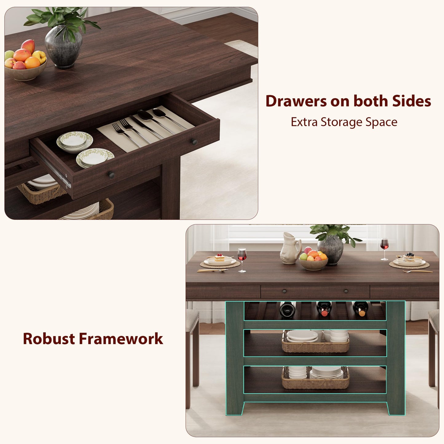 Garvee Counter Height Dining Table with 2 Drawers, 36" Farmhouse Wooden Large Bar Kitchen Table with Wine Rack & 3 Shelves, Rectangular, Thick Frame for Kitchen, Bar & Entertaining, Retro Brown