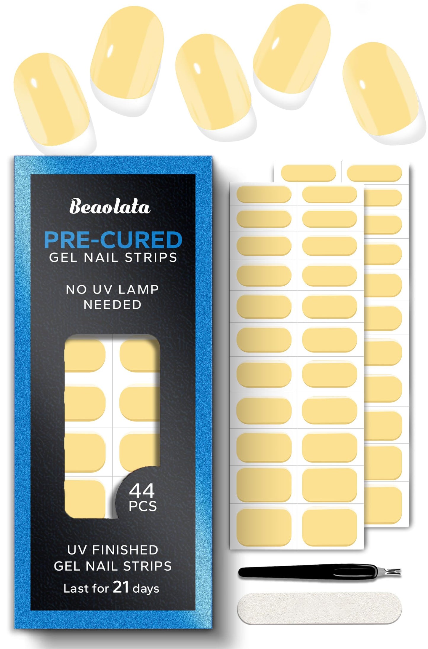 Beaolata Real Gel Nail Strips (No UV Light Needed) - 44Pcs Salon Quality Nail Stickers - Long Lasting Polish Wraps for Women, Easy Apply & Remove (Butter Chic Yellow)