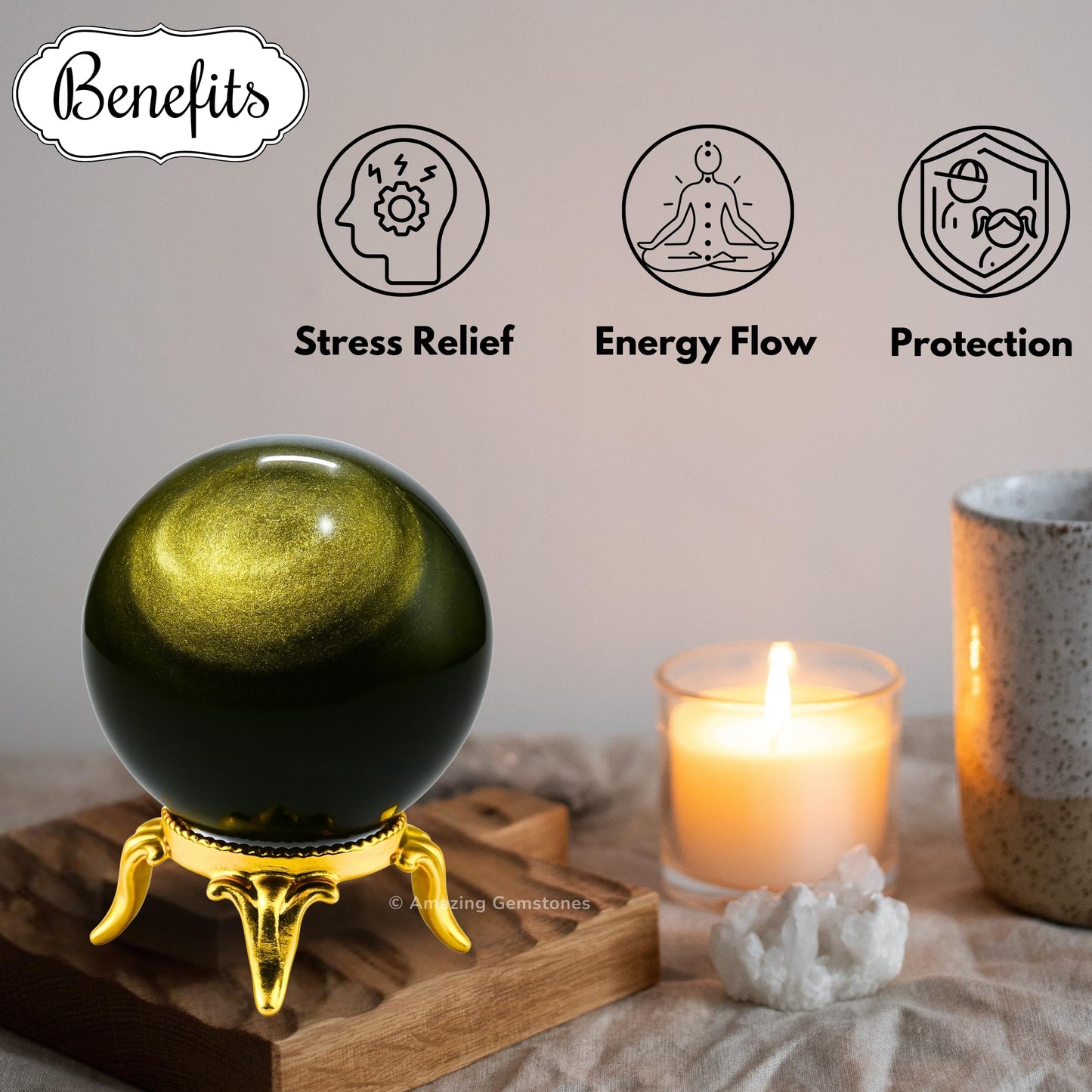 Amazing Gemstone Golden Sheen Obsidian Crystal Ball with Stand - 2 Inches Crystal Sphere Meditation Balls for Witchcraft and Decorative Balls