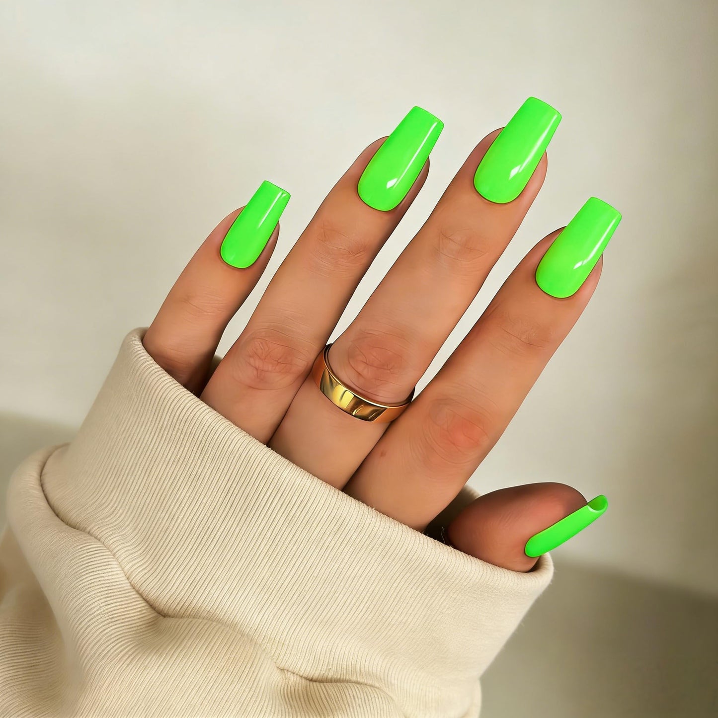 SXVME Press On Nails Long Square - Bright Green Press on Nails with Glue for Women, Natural Simple Fake Nails Press ons Medium, Glossy Soft Gel Glue on Nails Coffin, Reusable Nail Stick Ons, 24 Pcs