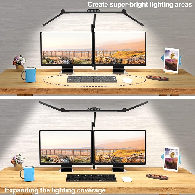 Micomlan Led Desk Lamp with Clamp, Architect Desk Lamp for Home Office with Atmosphere Lighting, 24W Ultra Bright Auto Dimming Computer Light Stepless Dimming and Tempering LED Table Light