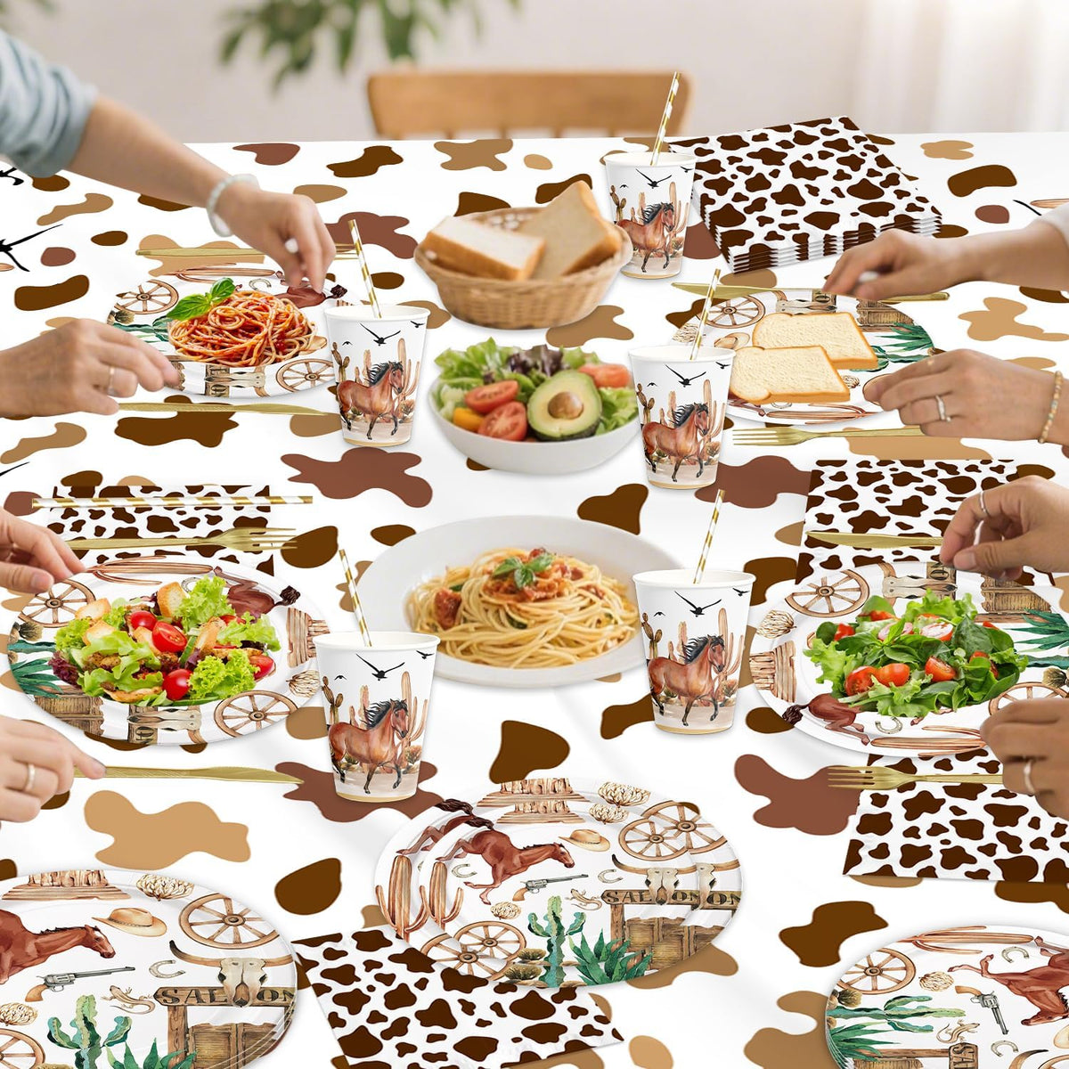 141pcs Cowboy Party Decorations,Cowboy Party Disposable Tableware Includes Dinner Plate Dessert Plate Paper Napkin Cup Knife Fork Straws Tablecloth Western Cowboy Baby Shower Supplies set