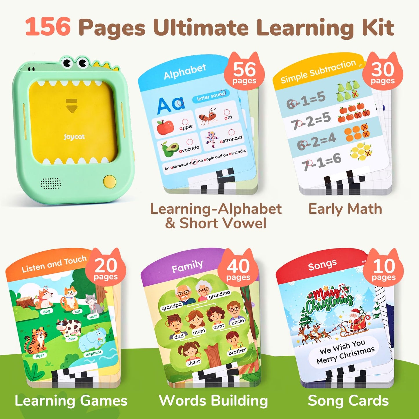 JoyCat Kids Learning Tablet, Phonics Talking Flash Cards, Learn to Read with 156 Pages, 40+ Themes, 600+ Words, 100+ Interactive Games, Screen-Free Toddler Learning Toys Gifts for 2-6 Year Old