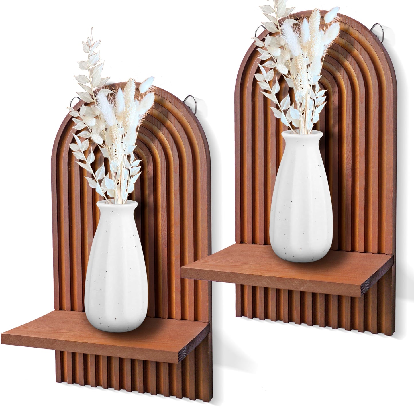 ZELURA 2 Pieces Boho Wall Shelf, Mid Century Shelves, Decorative Storage Unit, Decorative Bohemian Rainbow Hanging Shelves for Bathroom, Bedroom, Kitchen, Living Room, Laundry Room (Brown)