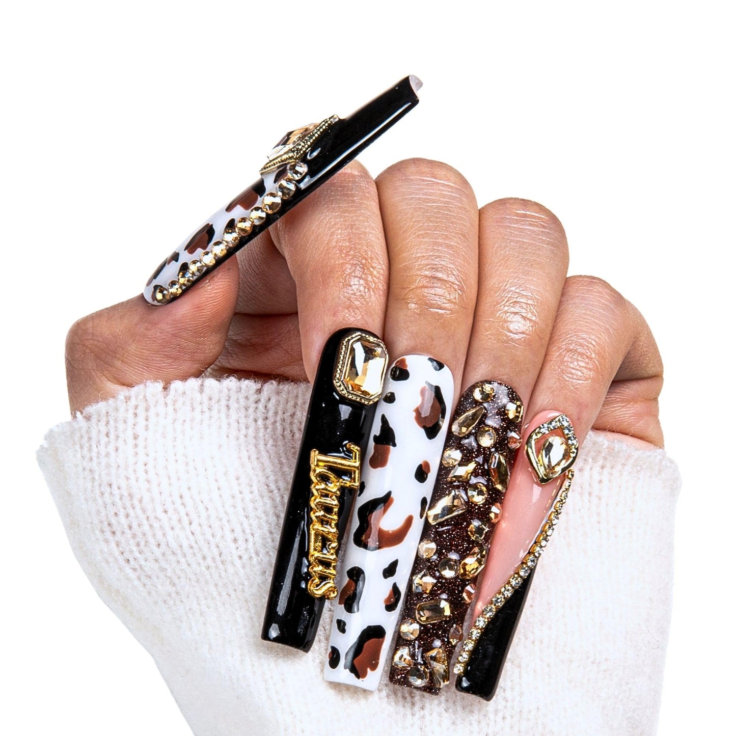 LOVFUL Press on Nails Taurus T | Handmade with Full Covered Crystals | Reusable Full Cover Nails | Square Long 2.2 in | H317-L