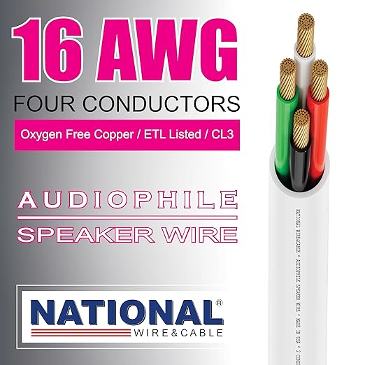 NATIONAL Wire&Cable - 16/4 Audiophile Speaker Wire (200 Feet) 16AWG Gauge - Made in USA - in Wall Audio Speaker Wire Cable/CL Rated/ETL Listed / 2 Conductors - OFC Oxygen-Free Copper, White 200ft