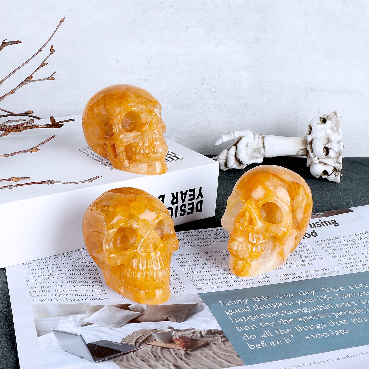 LEADGEM 3.0" Citrine Crystal Skull Figurine Healing Stones Carved Sugar Skull Head Sculpture Decor Day of The Dead Statue Ornaments Decorations