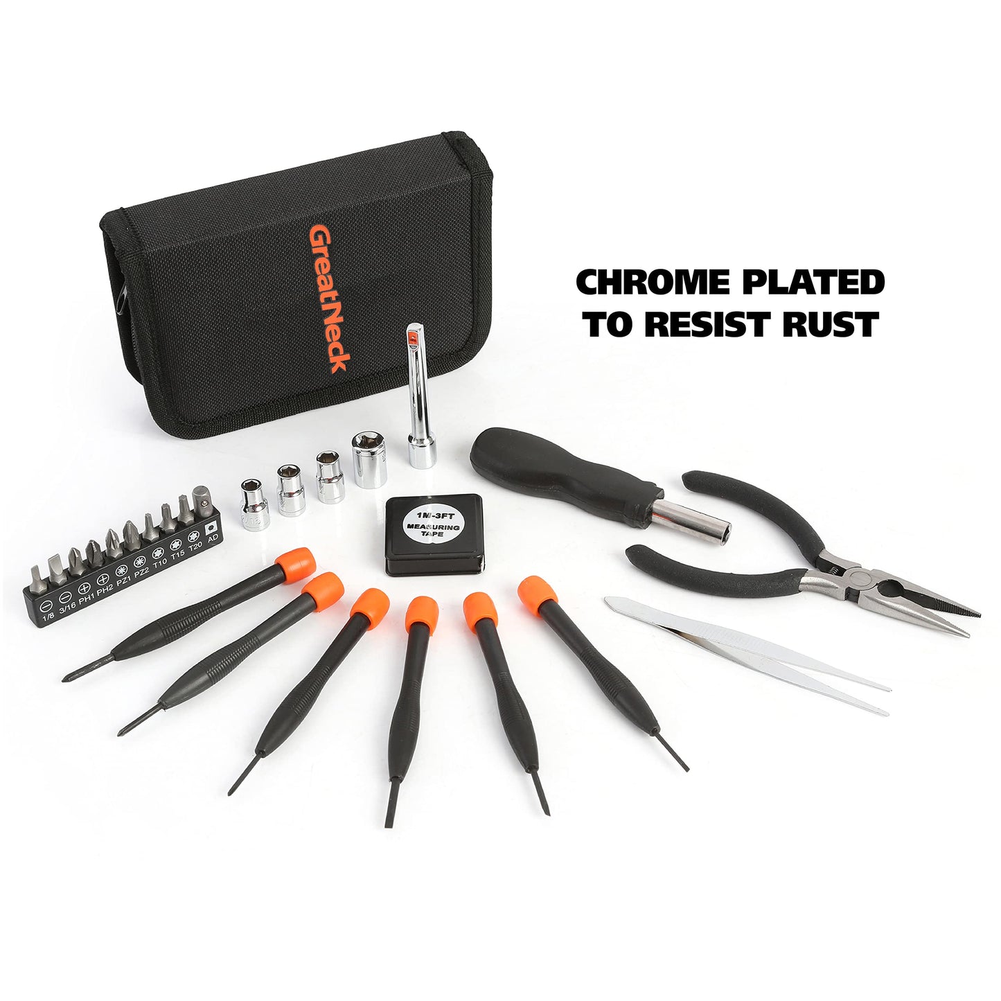 GreatNeck Mini Tool Set for Home Repair and Maintenance, 26 Pc Tool Kit with Zip Case, Mini Pliers, Precision Screwdrivers, Bits, Sockets, 3 ft Tape Measure for Household Use