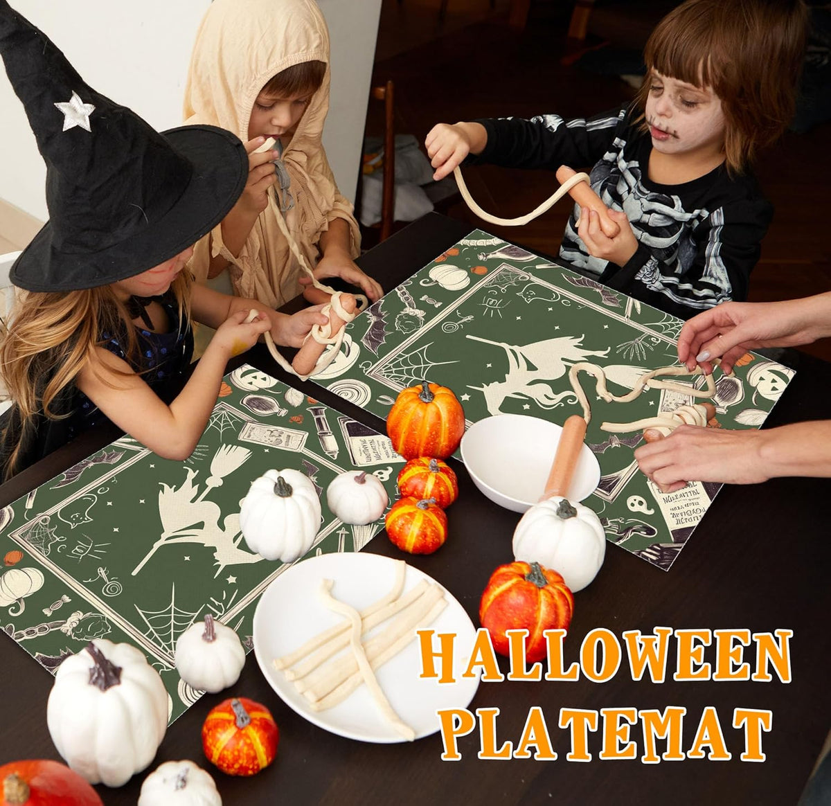 Halloween Bat Placemats Set of 4, 12x18 Inch Pumpkin Witch Table Mats, Washable Heat Resistant Place Mats for Kitchen Dining Table, Halloween Spooky Themed Decoration for Home-B10