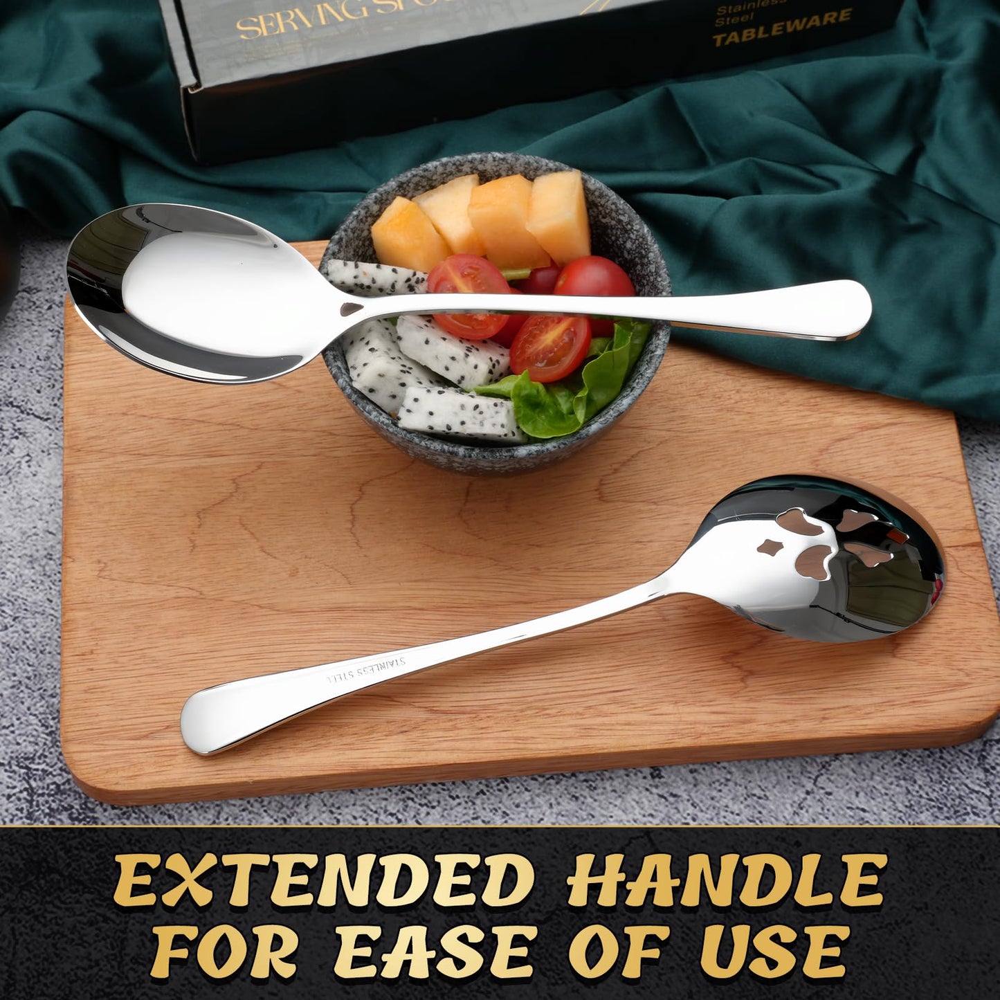 Keyoxy 8 Piece Stainless Steel Serving Spoon Set - 4 Large, 4 Slotted,Dishwasher Safe,10-Inch, for Parties/Kitchen/Buffet/Catering