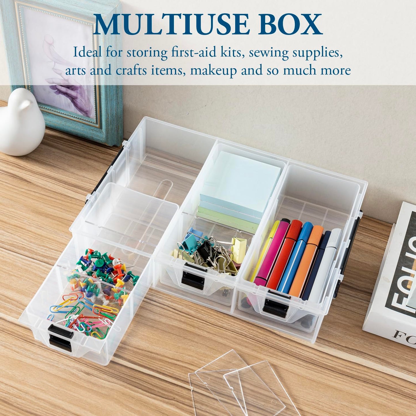 MyGift Single Add-on Tray for 11 Inch Clear Arts and Crafts Stackable Storage Box, Sewing Supplies Storage Organizer Case Accessory Optional Tray with Black Accents, 3 Drawers and Removable Dividers