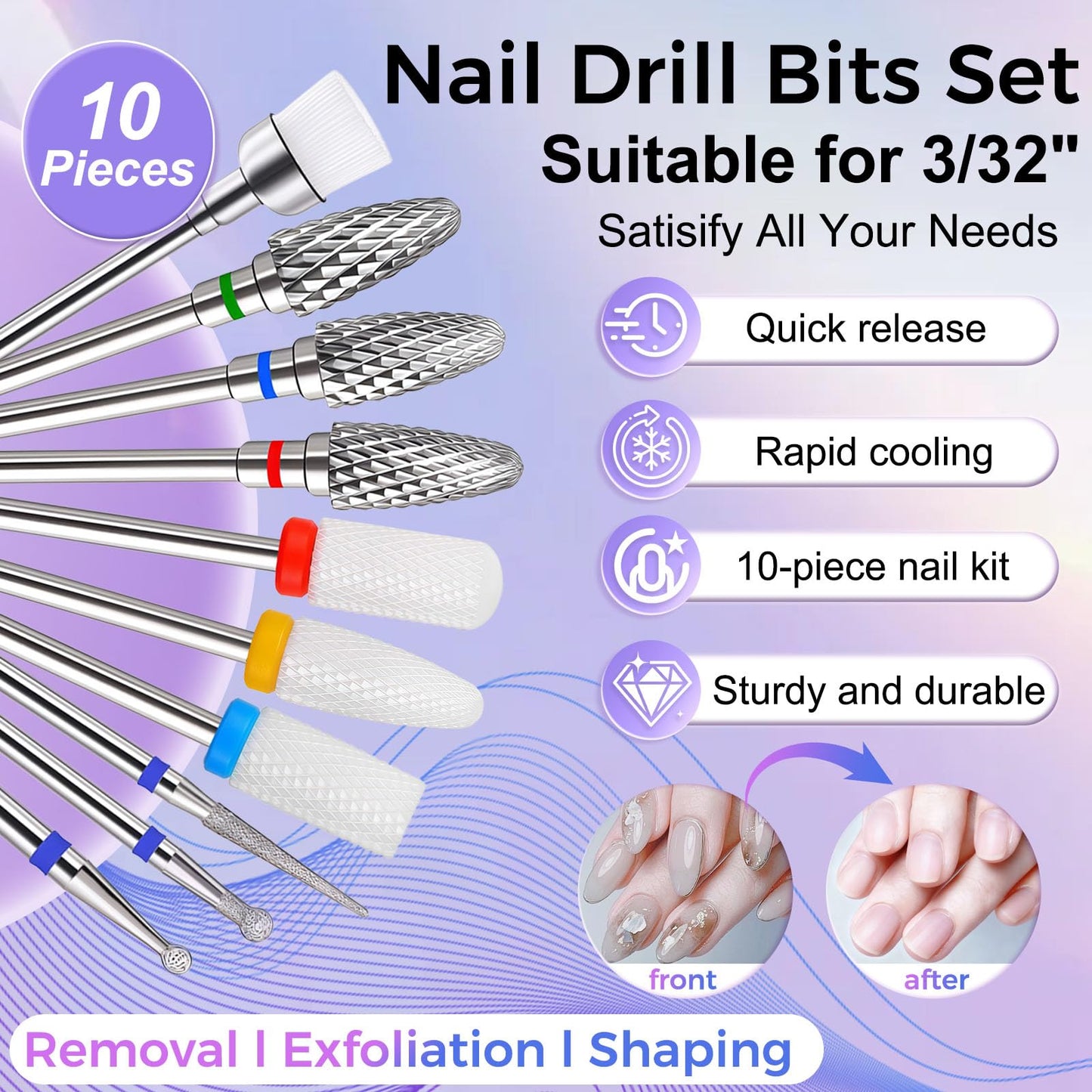Fantexy 10 Pieces Ceramic Nail Drill Bits, 3/32 Inch Professional Acrylic Nail Bit Set, Nail File Bits Nail Art Tools for Electric Manicure Machine Home Salon Use