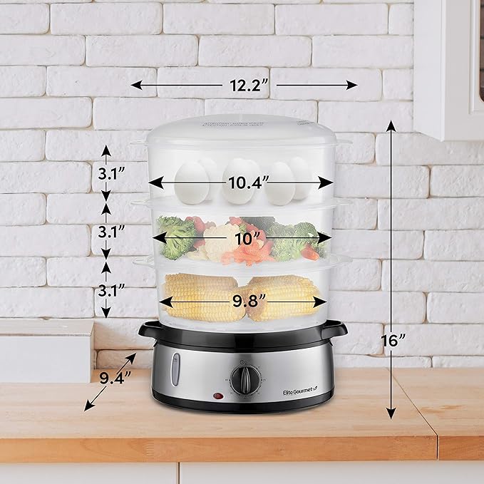 Elite Gourmet Maxi-Matic Electric Food Vegetable Steamer with BPA-Free 3 Tier Stackable, Nested Basket Trays, Auto Shut-off 60-min Timer, 800W, 9 Quart, Stainless Steel