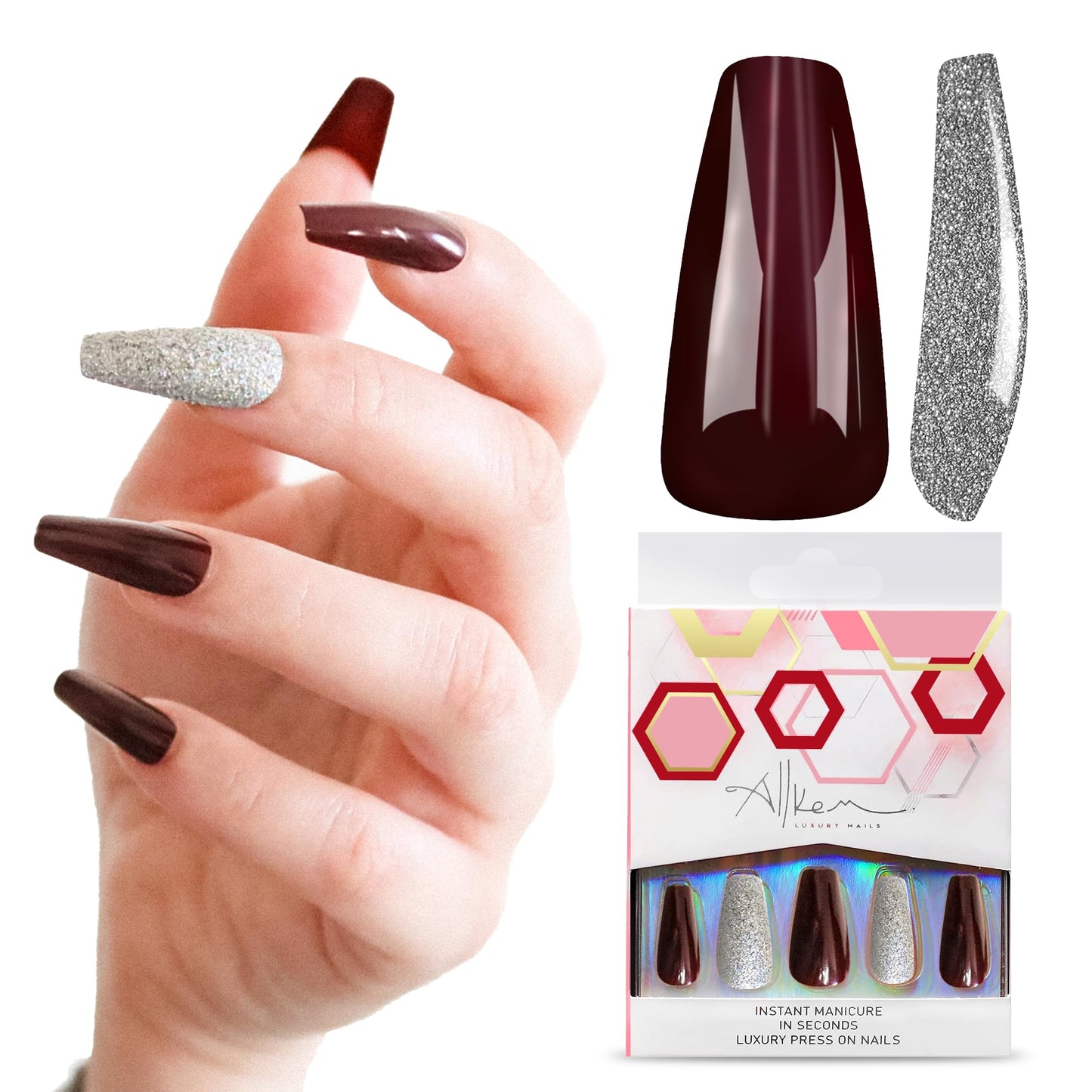 Allkem Press On Nails - Fusion Maroon Glossy Medium Long Ballerina | 10 sizes - 20 pcs Coffin Nail kit with Glue