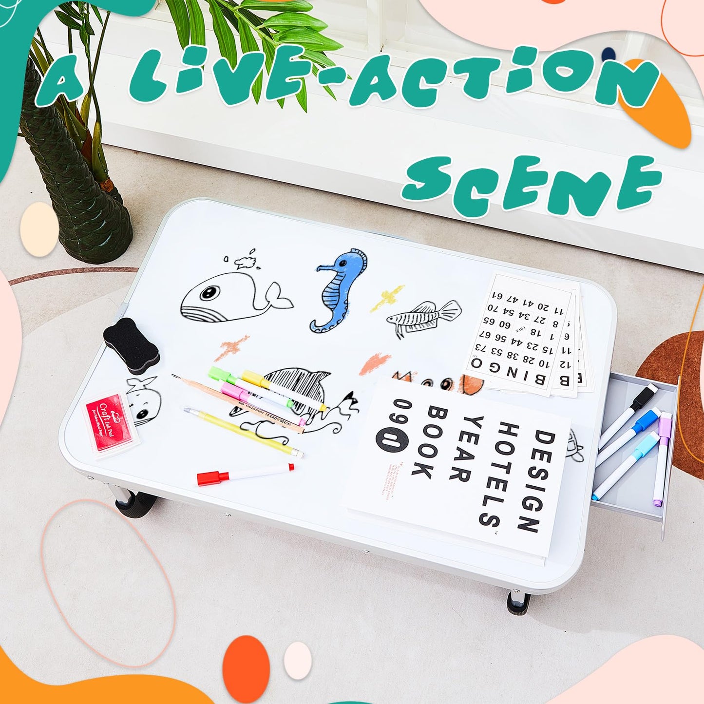 Suzile 1 Pc Portable Lap Desk with Dry Erase Board, Foldable Bed Tray Table with Storage Drawer, Markers & Eraser, Whiteboard Writing Surface for Couch, Sofa, Drawing, Writing, Home Office