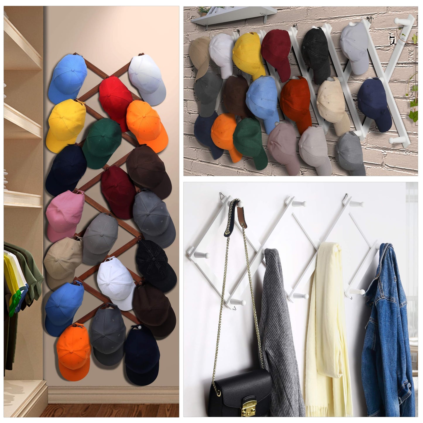 Dseap Accordion Wall Hanger:16'' High Wooden Expandable Coat Rack, Hat Rack for Wall,Accordion Hook for Baseball Caps,Coats,14 Peg Hooks,Dark Walnut