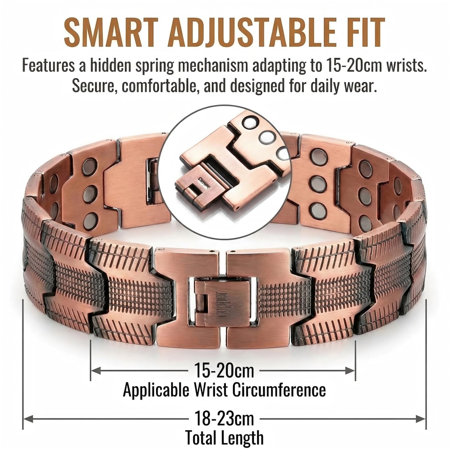 Picalela Magnetic Copper Bracelet for Men Women, 99% Pure Solid Copper Bracelet with Magnets, Adjustable Clasp, Retro Design for Circulation & Fatigue Relief (COPPER)