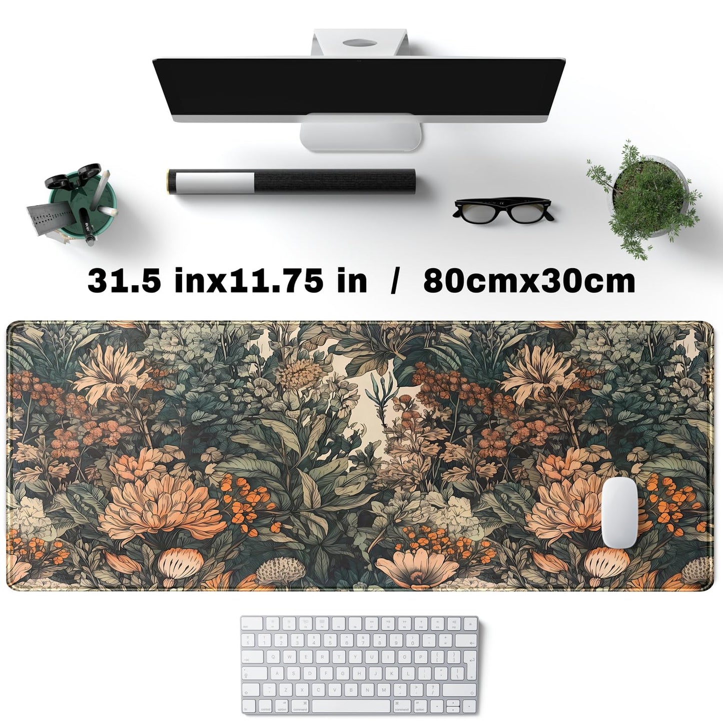 Flower Vintage Desk Pad Aesthetic Desk Mat Flower Mouse Pad Computer Big Mousepad Non-Slip Base Gaming Keyboard Giant Mouse Pad Computer Mat for Laptop Office with Stitched Eges 31.5x11.8 in