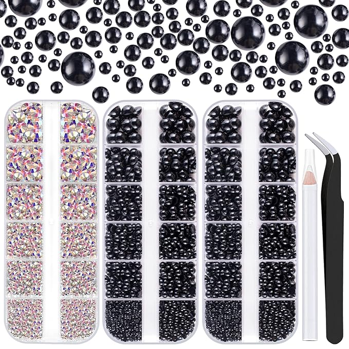 4000PCS Flatback Rhinestones and Half Round Pearls Kit #42, Multi Size Glass AB Crystals, Plastic Flat Back Black Dome Bead with Pickup Pencil and Tweezer for Nail Art