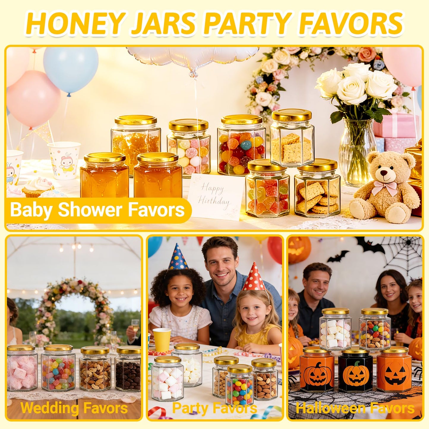 Haneye 6 oz Hexagon Glass Jars with Gold Lids, 30 Pack Honey Jars Canning Jars Small Spice Jars for Jelly, Herb, Jams, Candy, Wedding Favors, Includes Labels and Pen
