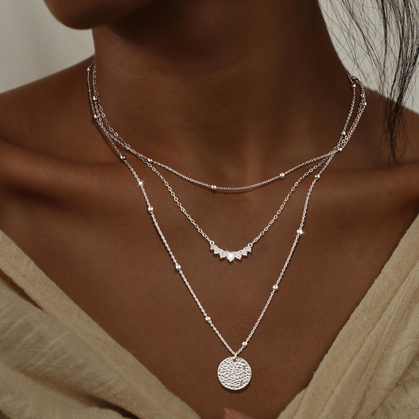 Kyerlyn Layered Silver Necklaces for Women, Stackable Stack Necklaces for Women Trendy Dainty Layering Circle Pendant Choker Chain Set CZ Jewelry Gifts