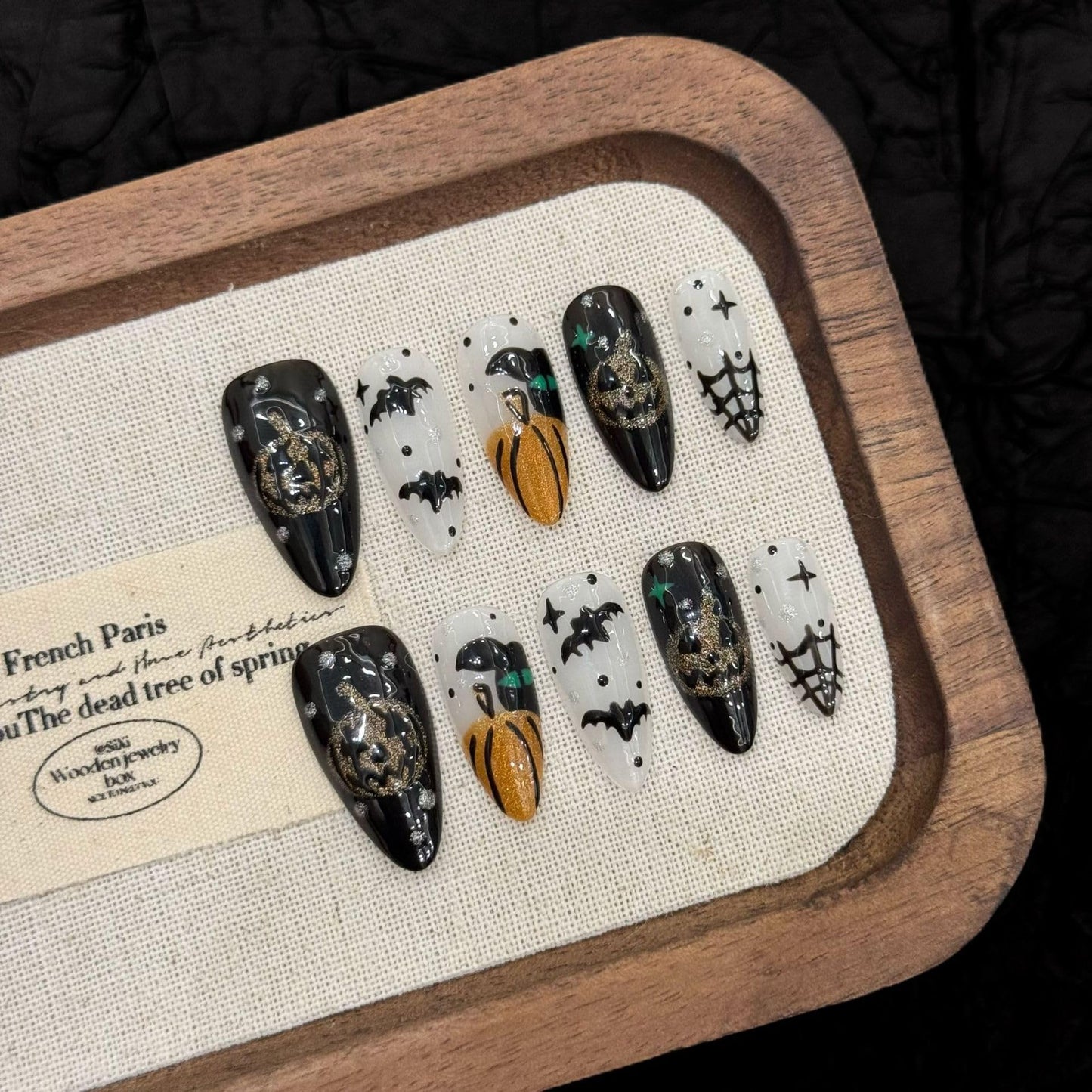 Handmade Press on Nails Halloween Press On Nails, Almond French Tip Fake Nails with Spider & Web Design pumpkin bat, Reusable Stick On Nails for Women, 10pcs (MT-153-M)