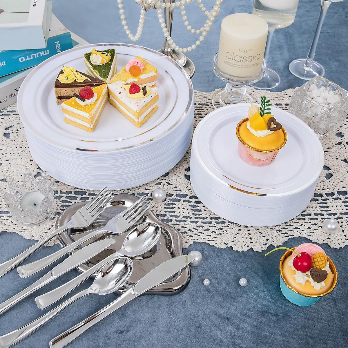 150 PCS Silver Disposable Dinnerware Set for 25 Guests, Silver Plastic Plates for Party, Including 25 Dinner Plates, 25 Salad Plates, 25 Cups, 25 Forks Knives Spoons for Wedding and Party Supplies