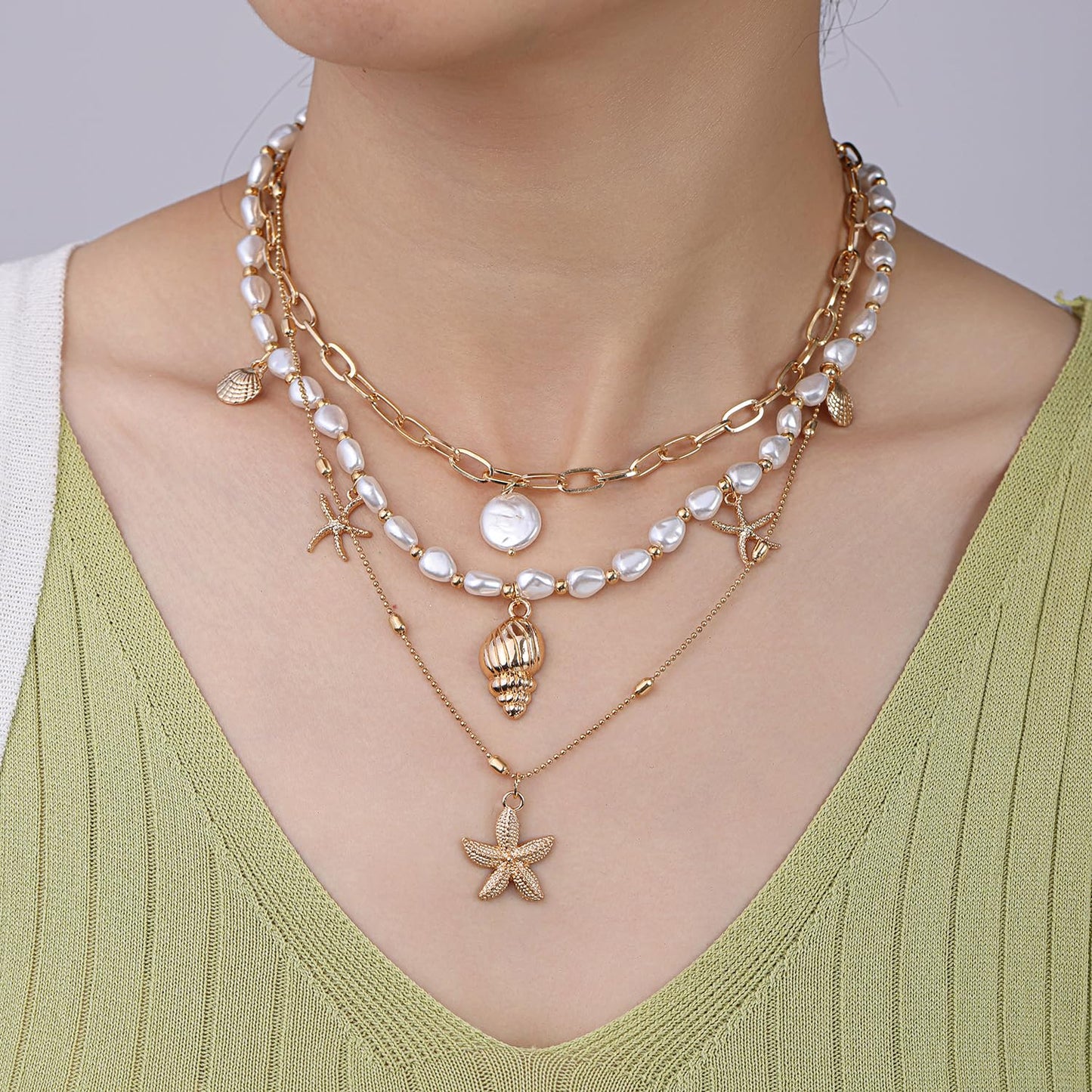 Seashell Starfish Necklace for Women Conch Shell Summer Pearl Beach 14k Gold Layered Dainty Sea Choker