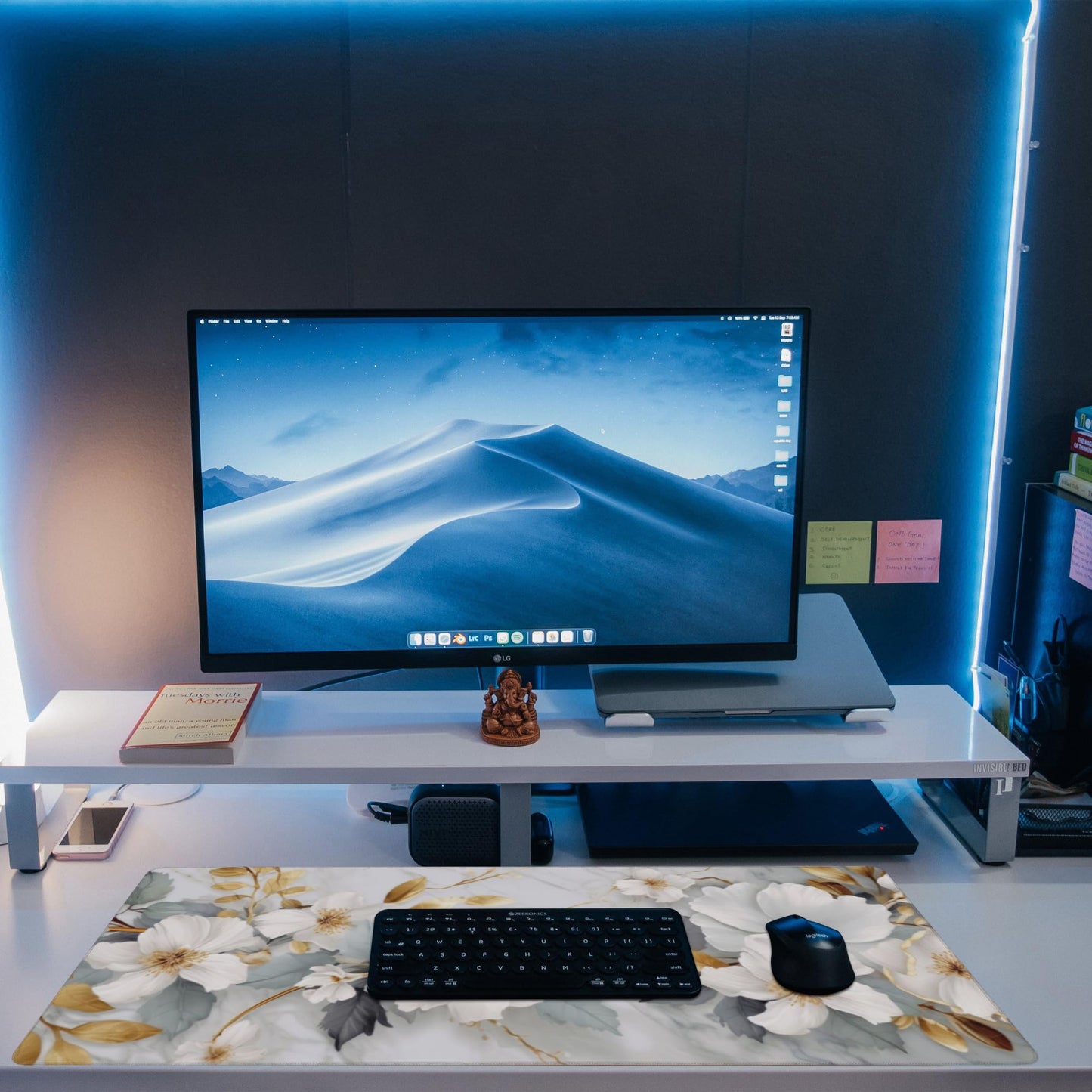 Eflxamz Desk Mat,White Gold Marble Desk Pad,White Flowers Golden Leaves Large Gaming Mouse Pad for Desk,Extended Big Computer Keyboard Mouse Pad with Non-Slip Base and Stitched Edge,35.4"x15.7"