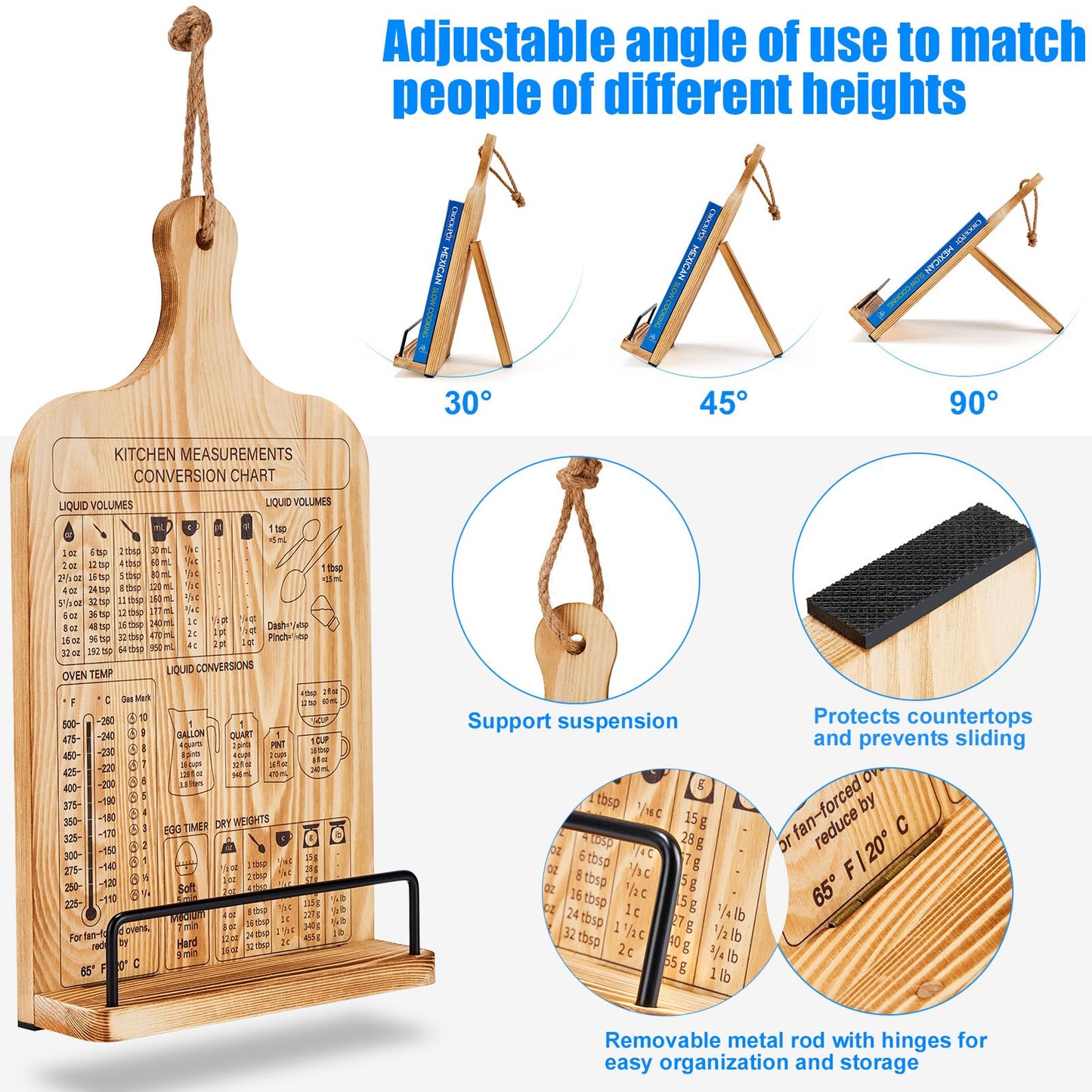 Housejoy Wooden Cookbook Stand with 2 Aprons, Hieght Adjustable Bookholder for Kitchen Counter, Cookbook Holder Stand Wood Sturdy with Measurement Conversion Chart, Foldable Easel for Kitchen
