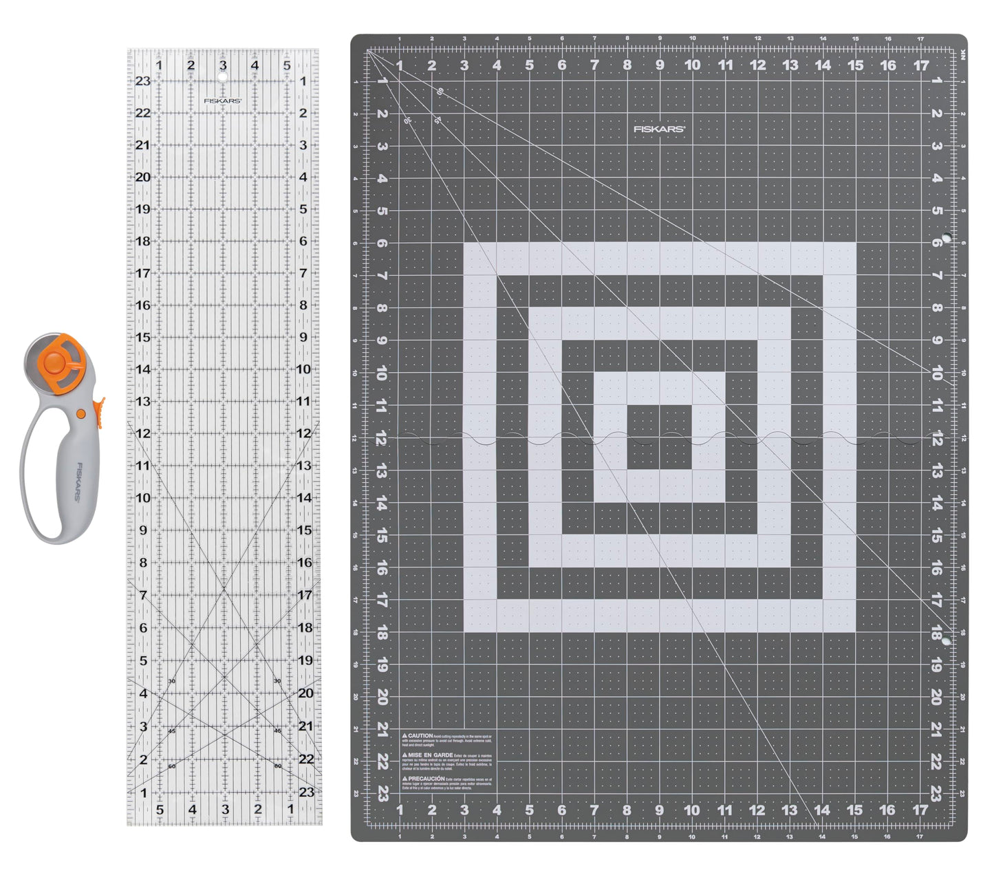 Fiskars Loop Set, Rotary Cutter with 45mm Steel Blade, Sewing Ruler for Precise Measures, Folding Cutting Mat for All Fabric Cutting Needs, Grey