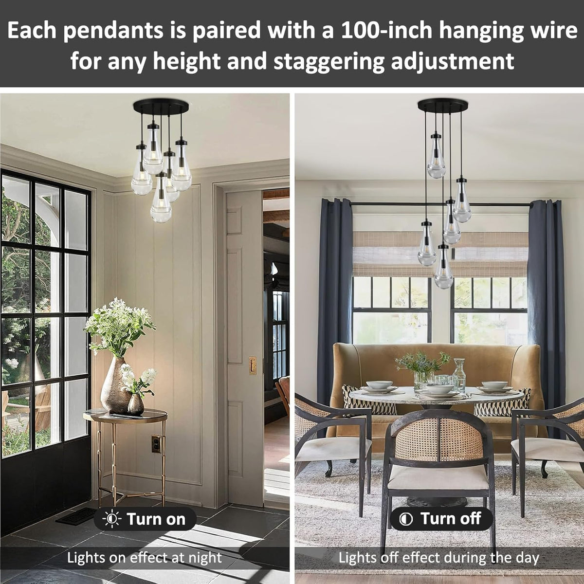 Bronze 5 Light Raindrop Chandeliers, Black Cluster Pendant Light Teardrop Dining Room Light Fixture Pendant Lights Kitchen Island, Hanging Ceiling Pendant Lighting for Entryway Living Room