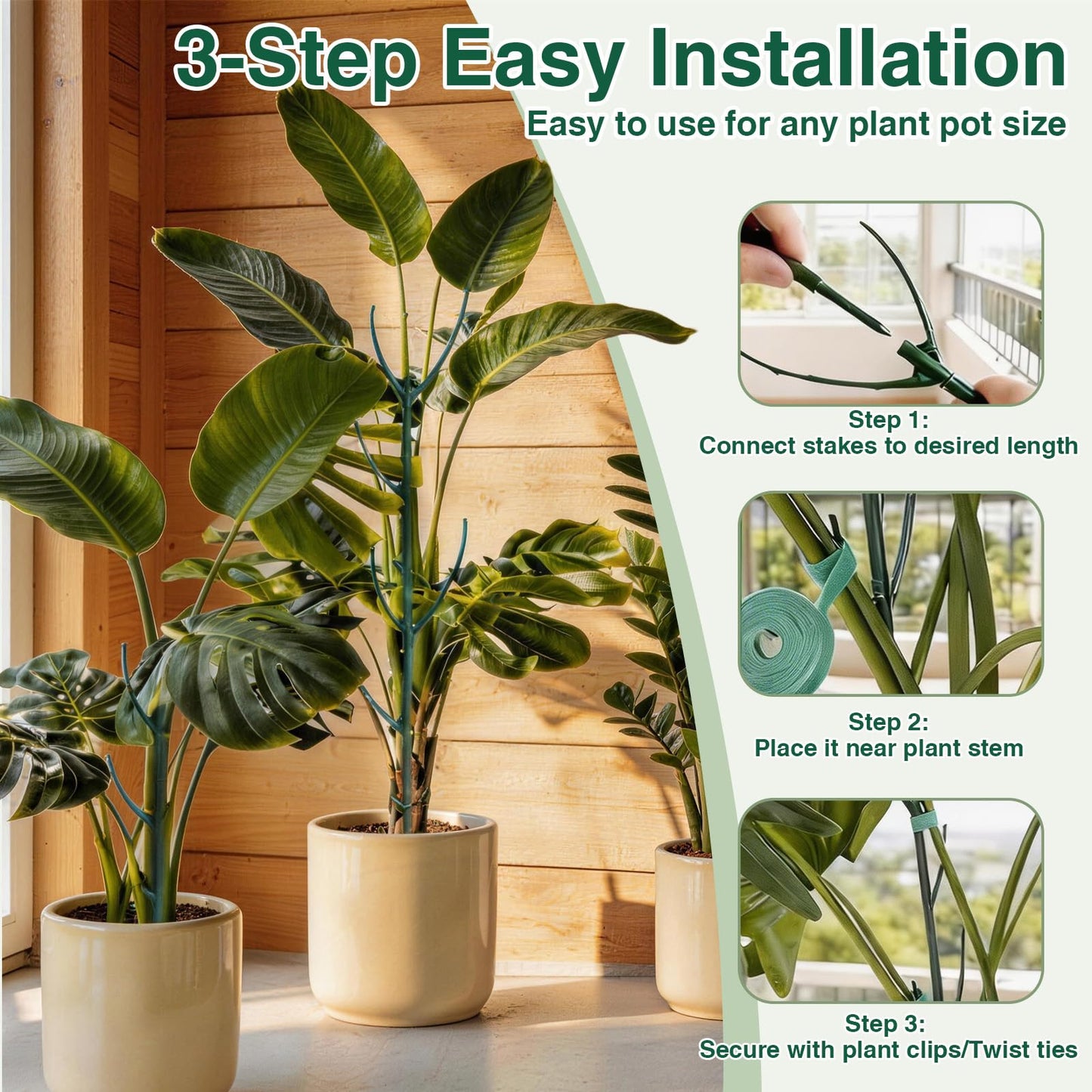 15 Pack Stackable Monstera Plant Support Stakes, 120inch Climbing Plant Sticks Structures with Garden Ties, Durable Alternative to Moss Pole for Indoor Outdoor Plants