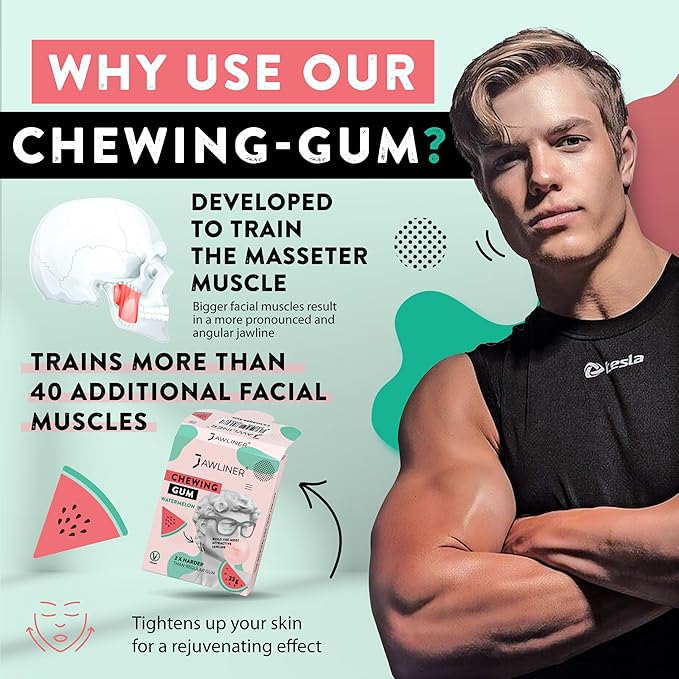 Jawliner® Hard Jwaline Chewing Gum - Sugar Free Watermelon Tough Jaw Gum - Jaw Exerciser Strong Mewing Jawline Mistic Gum - 2x Harder than Regular Chewing Gum 130 Grams (48 Strips)