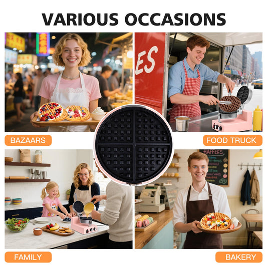 Popfoodex Commercial Waffle Maker for Restaurant, 110V Electric Waffle Maker w/Non-stick and 122–572°F Adjustable Temp, 1200W Profession Waffle Iron with Timer and Heavy Duty, Hotel Waffle Machine