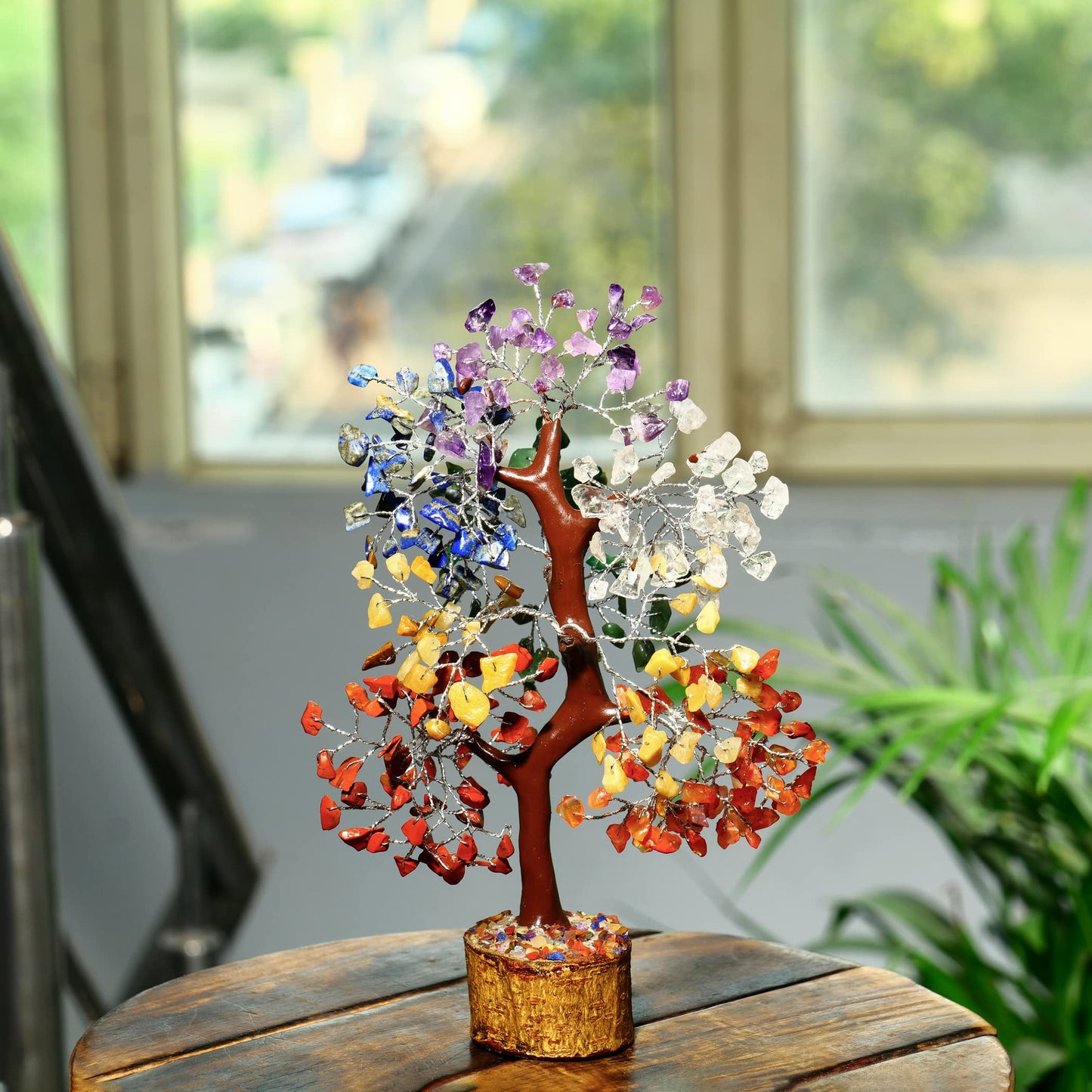 PYOR 7 Chakra Crystal Bonsai Tree, 10-12 inch, Red, Amethyst, Lapis, Carnelian, Clear Quartz, Yellow Aventurine, Green Aventurine, Silver Wire