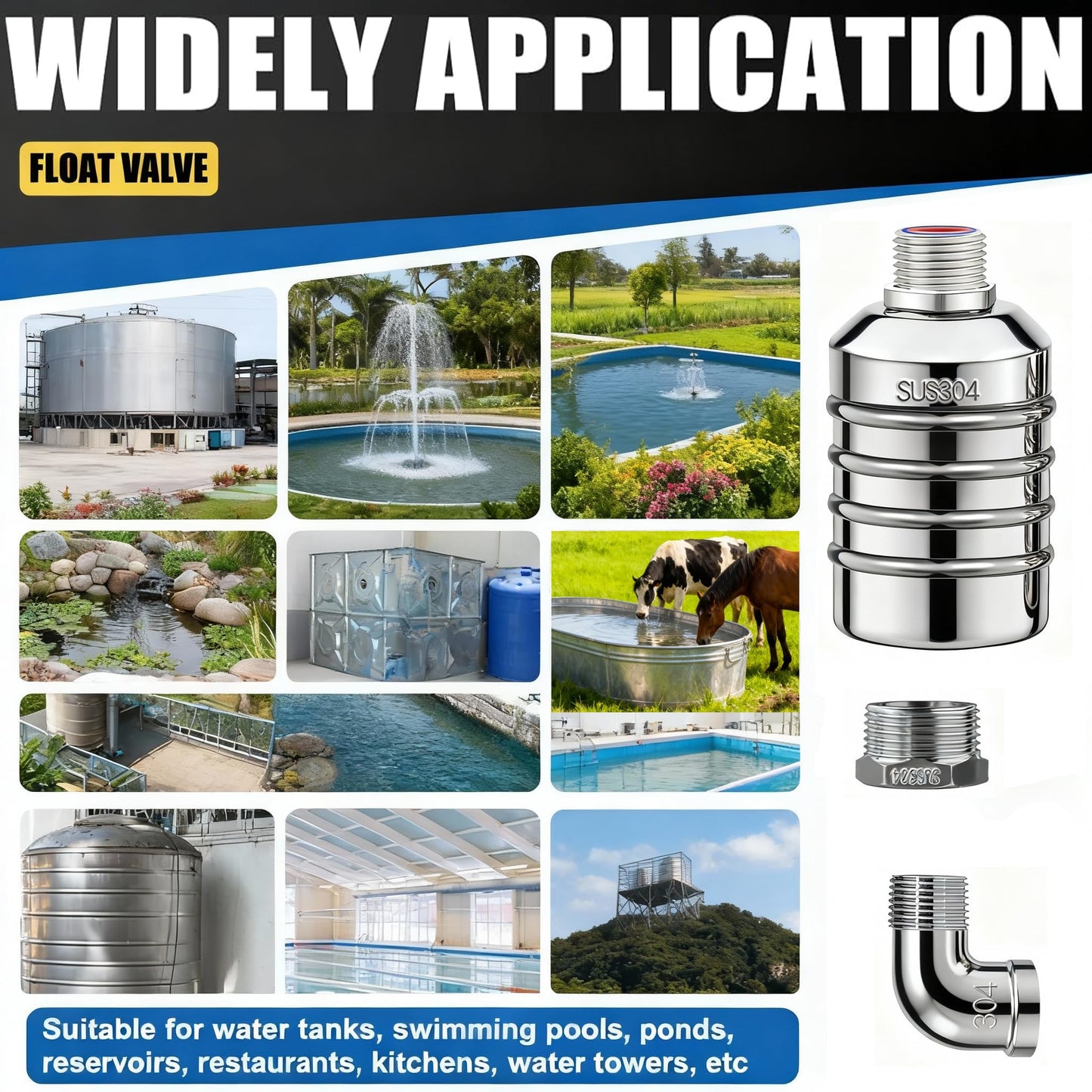 2-Pack NPT 1/2" Float Valve, Leak-Proof 304 Stainless Steel Automatic Water Level Control Float Valve with 1/2" 3/4" Premium 304 SS Connections for Water Trough Fish Tank Pool Livestock