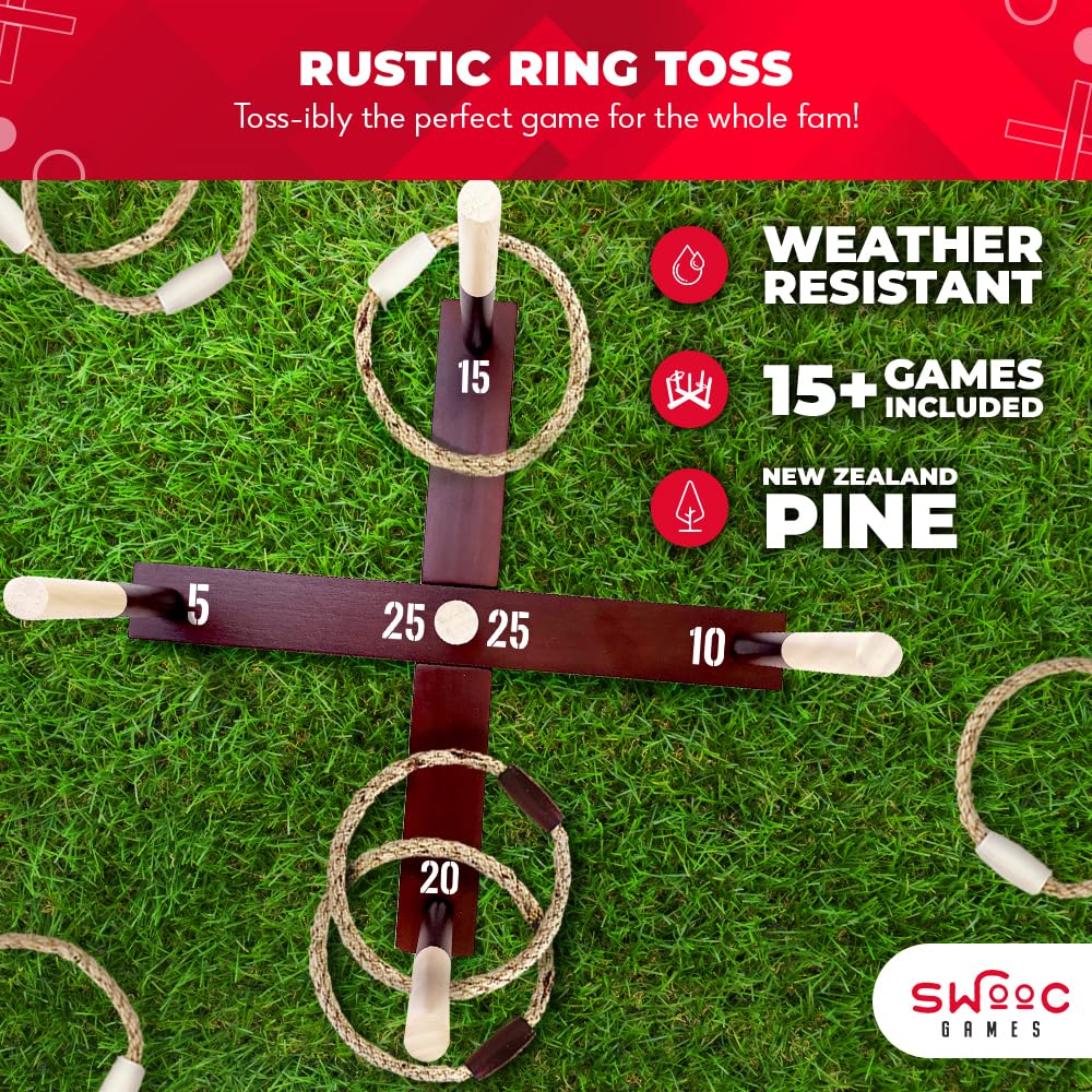 Swooc Games - Premium Rustic Ring Toss Game (All Weather) - Easy Setup & Extra Games Included - Outdoor Ring Toss Game for Adults and Kids - Yard Activity For Adults - Oversized Lawn Activity Rope Set