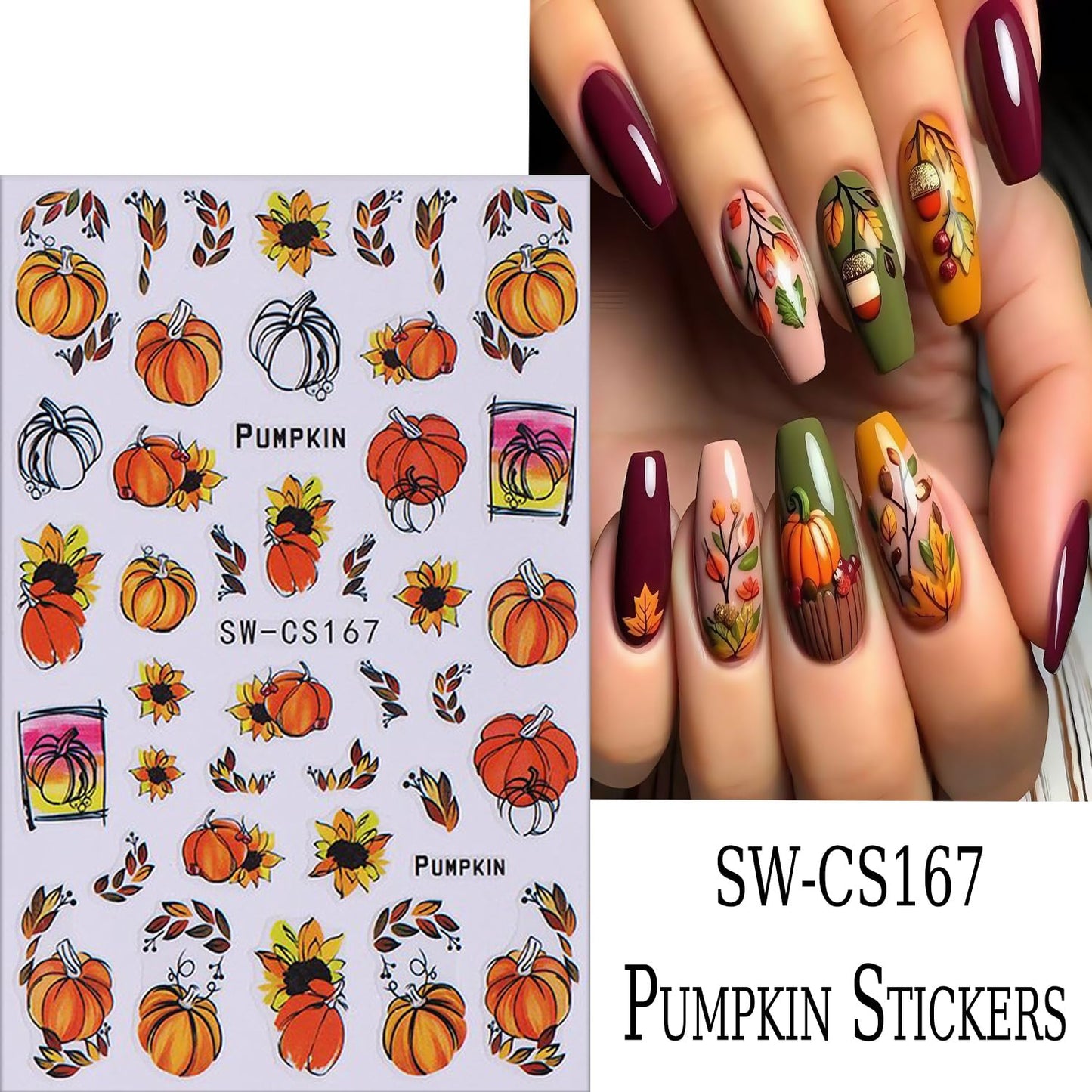 6 Sheets Thanksgiving Nail Art Stickers 3D Self -Adhesive Fall Maple Leaf Nail Decals Holographic Flower Pumpkin Nail Stickers Autumn Thanksgiving Nail Staickers Decoration for Women DIY Manicure