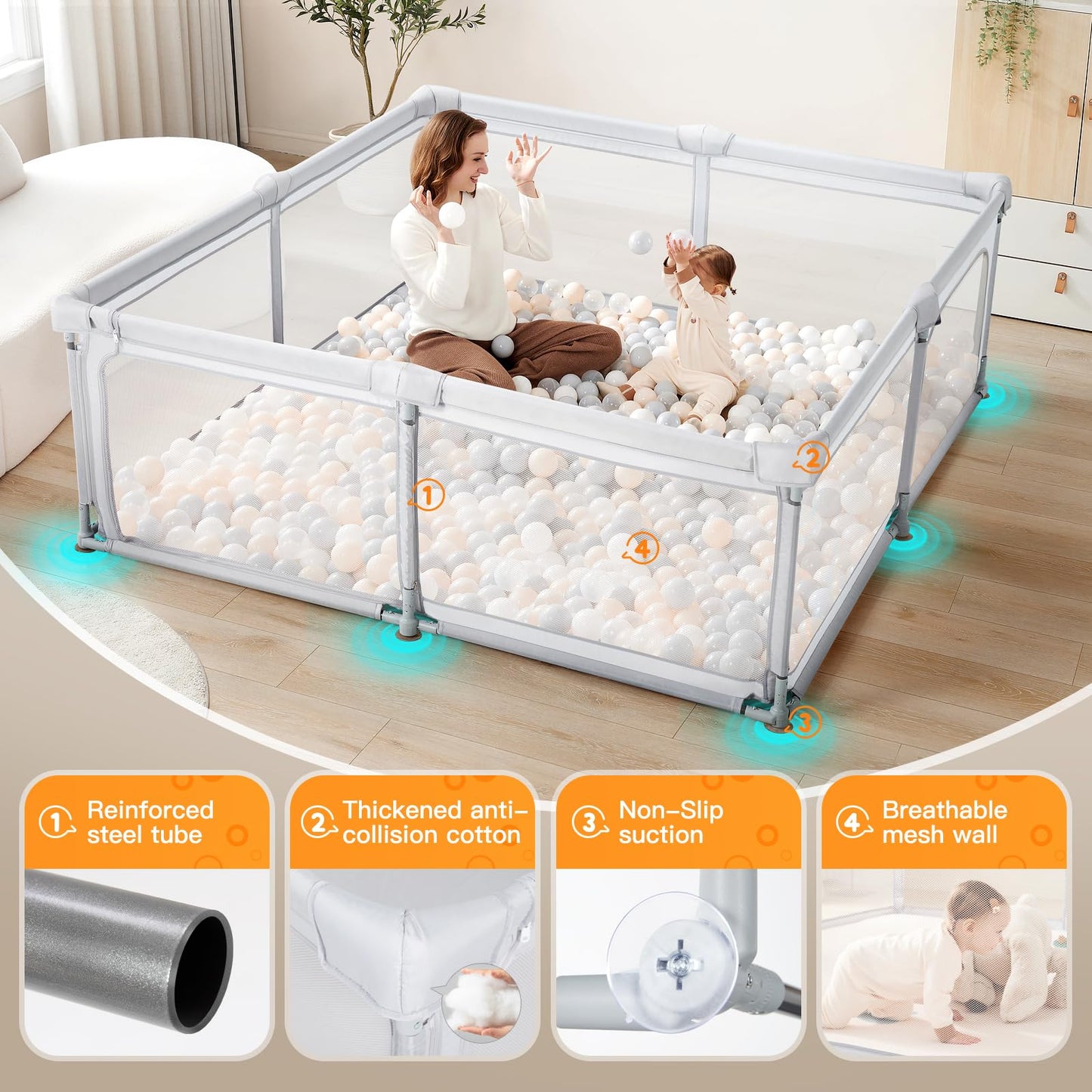 Baby Playpen,79"x59" Foldable Playpen for Babies and Toddlers with Gate,Large Play Pen with Zipper Door,Baby Play Pen Play Area(Light Grey)