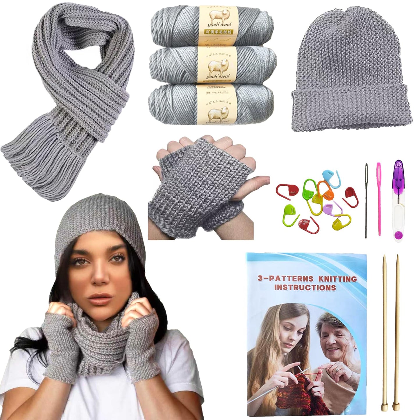 Kaaper Knitting Kit for Beginners Adults, Crochet Kit for Beginners Knitting Starter Kit, Learn to Knit Starter Bundle for Scarves, Hats & Gloves Includes Wool Yarn, Needles & Accessories (Gray)