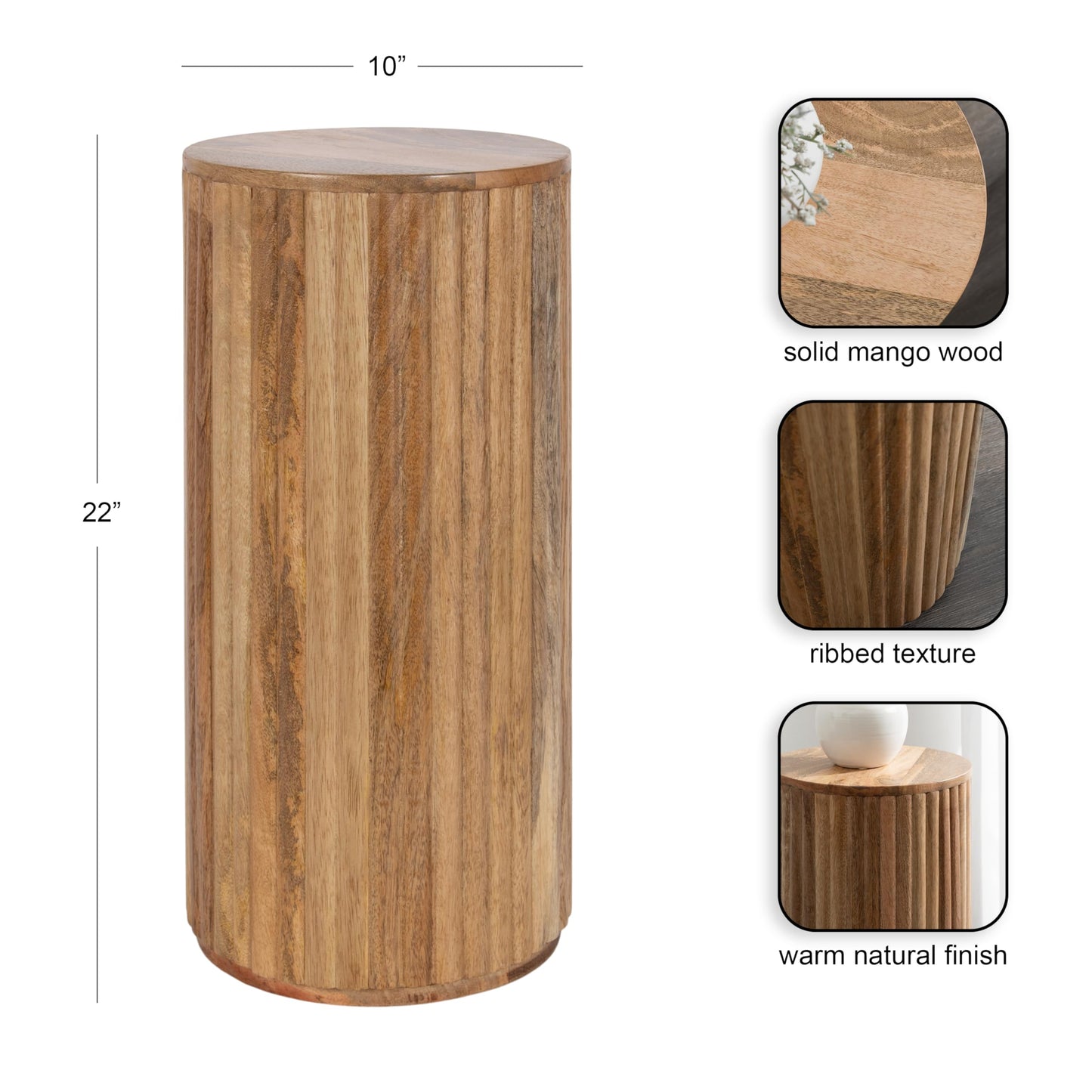 Kate and Laurel Reid Modern Wooden Ribbed Drink Table, 10 x 10 x 22, Natural Wood, Solid Wood Mini Table for Use as Pedestal Plant Stand Indoors or Small Nightstand Option