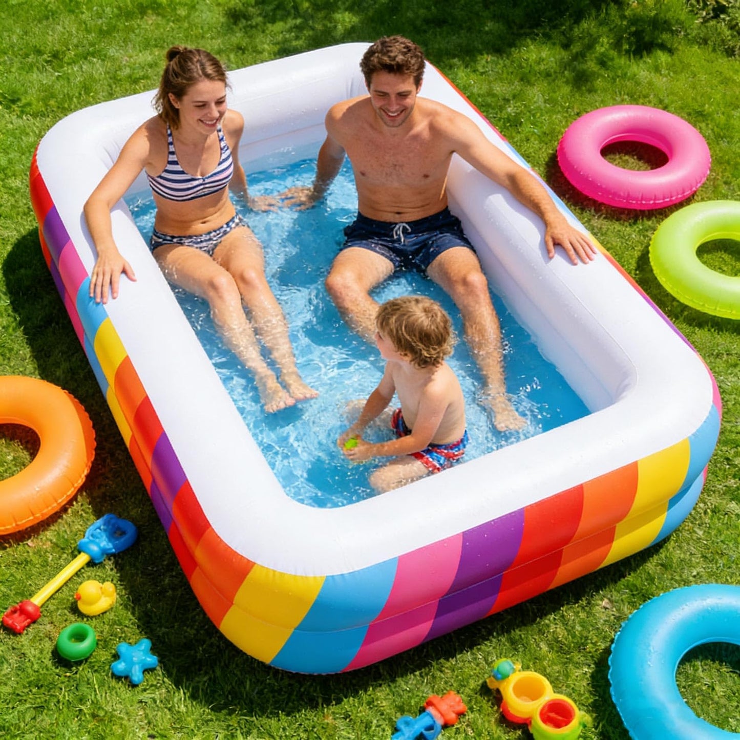 CHICLIST Kids Splash Pool Inflatable 74" Rectangular, Large BPA-Free PVC Kiddie Pool with Drain Plug for Ages 3-12