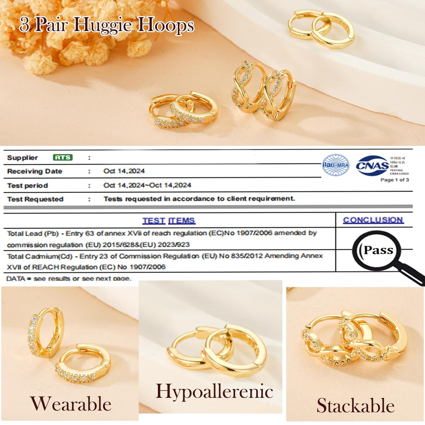 DORANA 3 Pair Small Gold Hoop Earrings Set for Women 925 Sterling Silver Huggie Earrings Non Tarnish Small Cartilage Hoops Stackable Earring Stacks Sets for Multiple Piercing